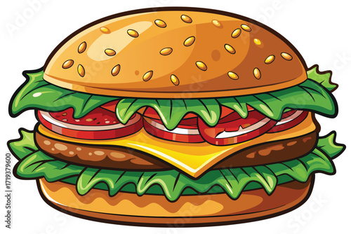 Cartoon depiction displays a luscious, layered hamburger with fresh vegetables and sesame seed bun