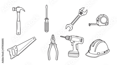 Collection of hand tools and safety gear in a distinctive silhouette style