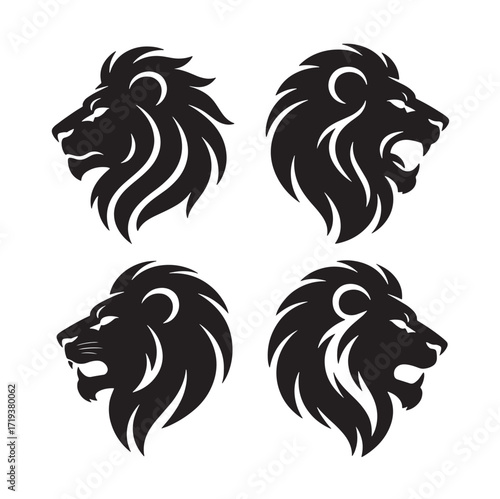 Four black lion head profile illustrations with stylized manes keywords: lion, animal, wildlife, king, predator, big cat, mane, head, profile