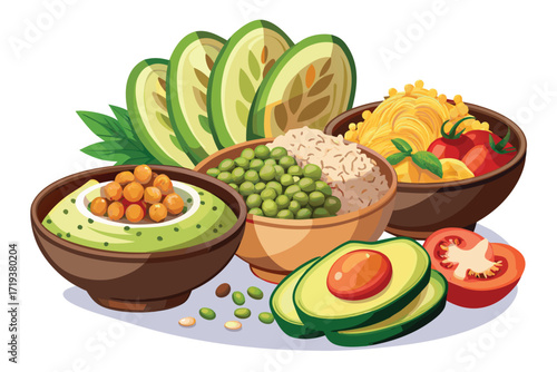 Bowls of various healthy foods, including avocado, tomato, peas, pasta and grains are displayed