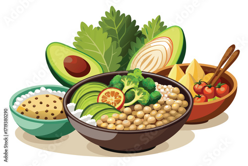 Bowls full of rice, chickpeas, broccoli, avocado, and tomatoes present a healthy spread