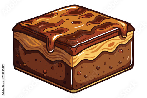 Delicious chocolate brownie square drizzled with caramel sauce looks incredibly tasty and rich