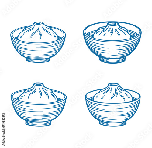 Four hand drawn bowls of delicious dumplings illustration in a simple minimalist blue style