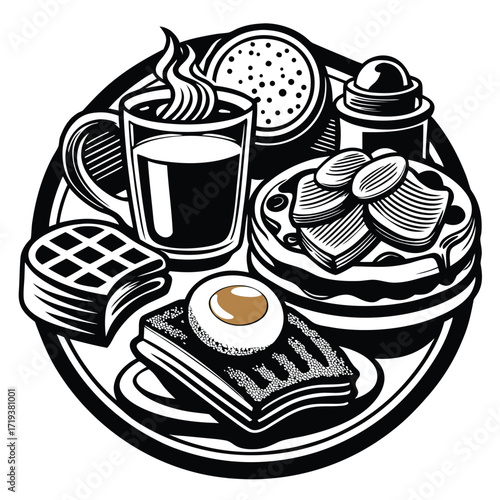 Breakfast features a coffee cup, pancakes, waffles, toast, and syrup on a platter