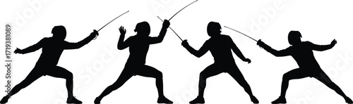 Fencing silhouettes collection, athletes in action, sword fighting, foil, épée, sabre, sports training, martial arts, competition, duel, combat, Olympic fencing