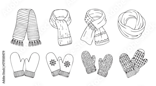 Collection of winter scarves and mittens in a hand drawn silhouette style