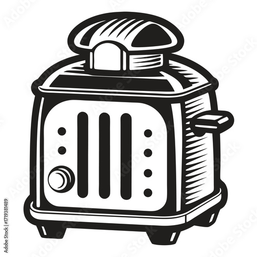 Retro toaster illustration shows a control knob and slots rendered in monochrome