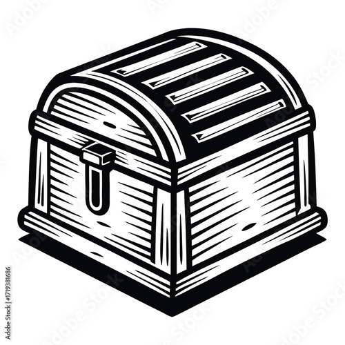 Stylized monochrome treasure chest showcases intricate linework and bold shadow, emphasizing its sturdy construction