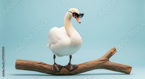 Fototapeta Naklejka Na Ścianę i Meble -  Funny swan wearing cool sunglasses on a log against a blue background