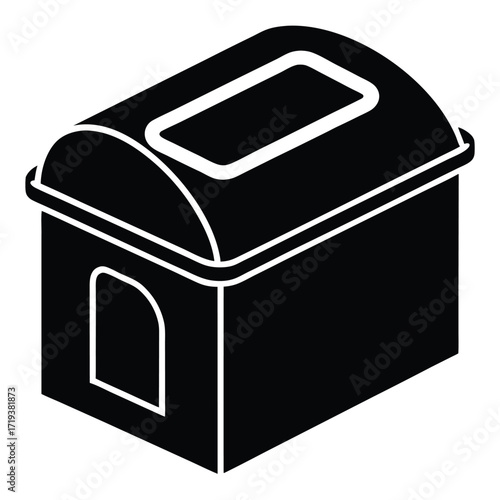 Stylized isometric ballot box displays slot and arched opening in bold black silhouette