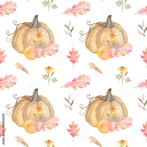 Seamless watercolor autumn pattern featuring pumpkins, colorful leaves, and marigold flowers. Perfect for textile prints, wrapping paper, wallpaper, and seasonal autumn decoration.