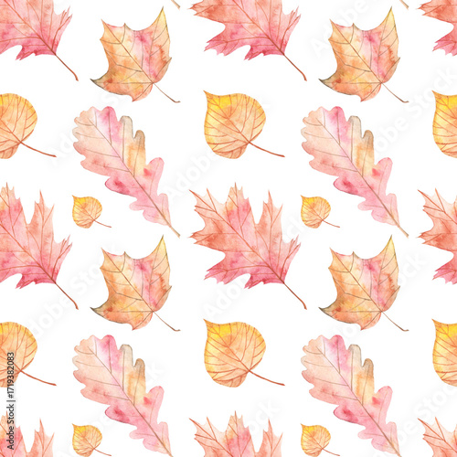Seamless watercolor pattern with autumn foliage. Hand-painted leaves for fabric, wrapping paper, textile design, wallpaper, and seasonal decoration.