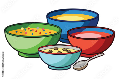 Four colorful bowls containing different soups sit near a spoon ready to be used