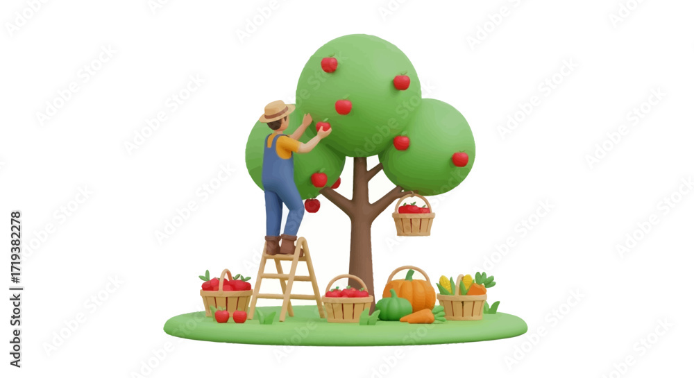 Obraz premium A farmer is harvesting apples from a tree using a ladder, with baskets of produce around.