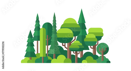 A vibrant illustration of a diverse forest with various types of trees and lush green foliage.