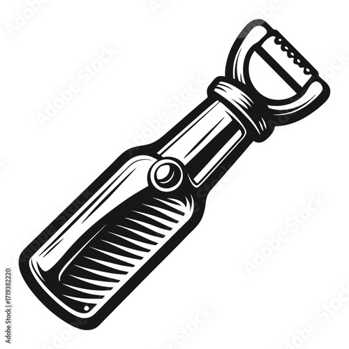 Isolated retro can opener with black detail lines shown on white background