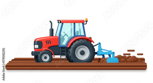 Red tractor plowing a field, illustrating agriculture, farming, and cultivation processes.
