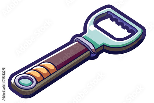 Stylized bottle opener features a brown handle and a light blue opening mechanism for bottles