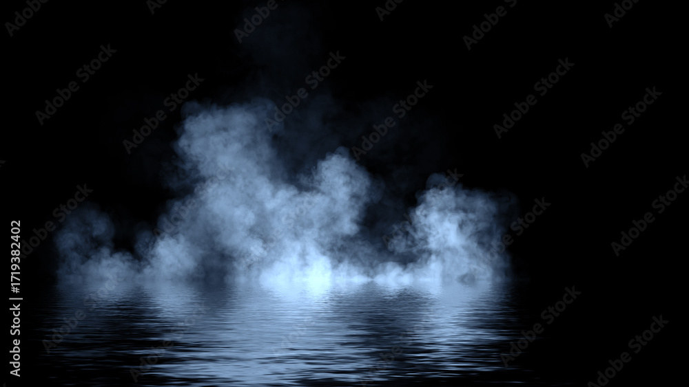 Fototapeta premium Mystery fire coastal fog . Blue smoke on the shore . Reflection in water. Texture overlays background. Stock illustration.
