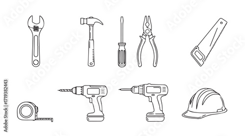 Collection of hand drawn construction tools and safety helmet silhouette