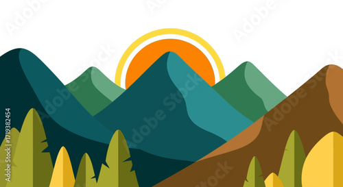 Sunrise over a mountain range with autumnal trees.