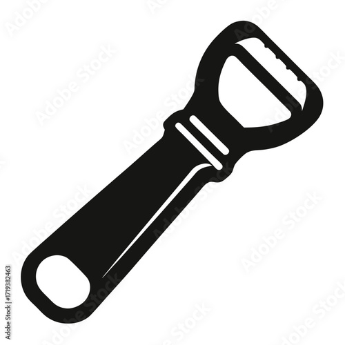 Isolated black bottle opener tool shows its unique outline and curves on white backdrop