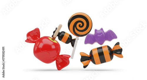 A vibrant collection of Halloween candies including a red candy apple, striped lollipops, and a purple bat-shaped treat, isolated on a white background.