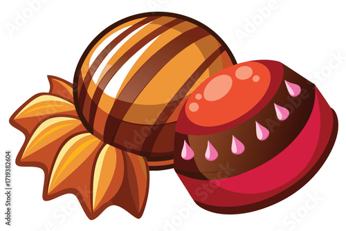Wrapped caramel candy rests beside a round red sweet treat on the surface