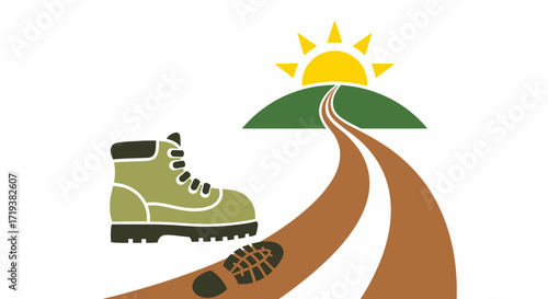 A hiking boot at the start of a trail leading to a sunlit hill.