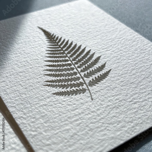 A delicate fern leaf silhouette, elegantly etched onto textured white paper, creates a serene and minimalist aesthetic.