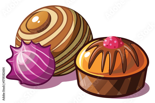 Three delightful, colorful candies display delicious chocolate layers and a vibrant pink topping resting on white