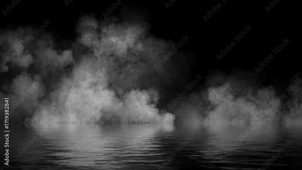 Fototapeta premium Mystery fire coastal fog . Smoke on the shore . Reflection in water. Texture overlays background. Stock illustration.