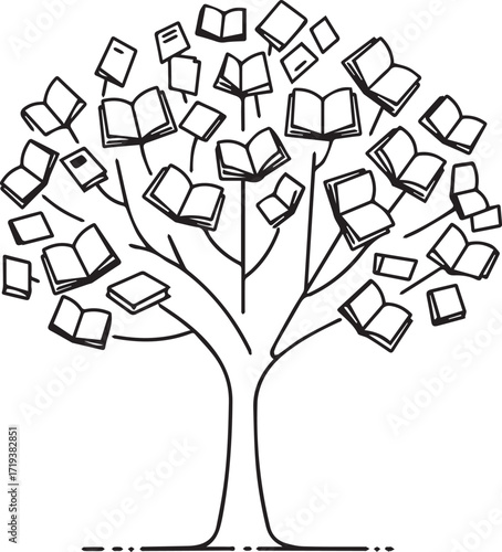 Inspiring book tree design with knowledge growing like leaves, perfect for libraries, schools, and educational campaigns, symbolizing wisdom and learning