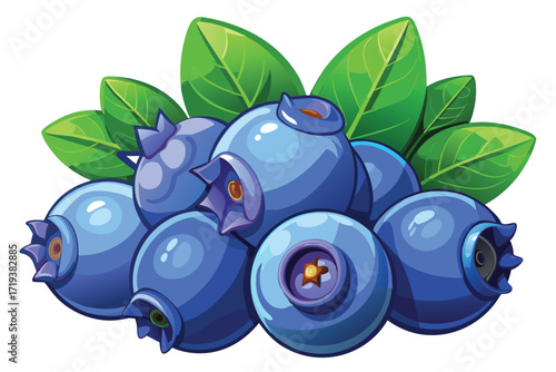 Vibrant blue blueberries are grouped beautifully with the shining green leaves behind them