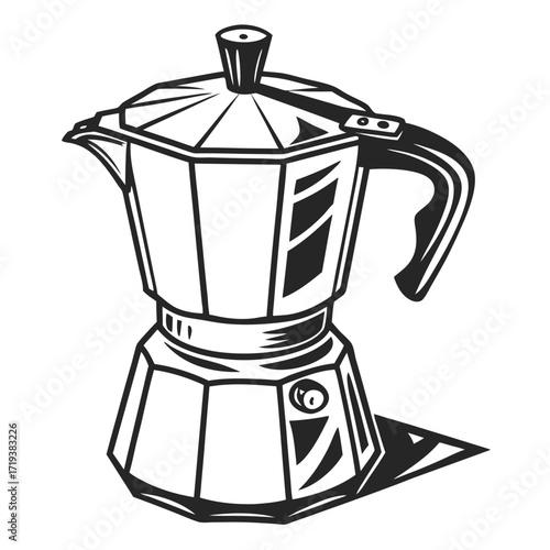 Detailed monochrome depiction shows a classic moka pot with its distinct geometric design
