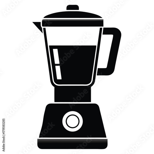Isolated black kitchen blender with liquid is pictured against a white background