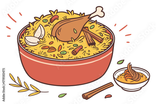 Steaming rice dish featuring chicken drumstick, spices, and garlic in an orange bowl