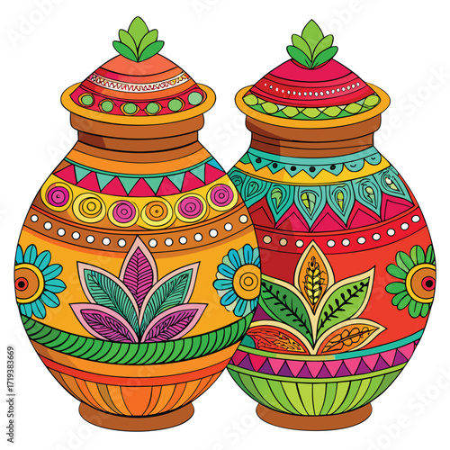 Vibrant hand painted Indian pottery jars with intricate designs vibrant