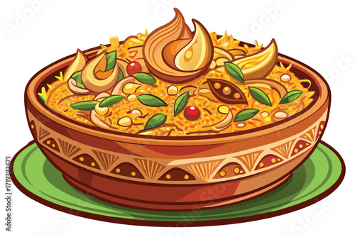 A beautiful bowl holds savory pilaf, garnished with fried onion, herbs, and spices