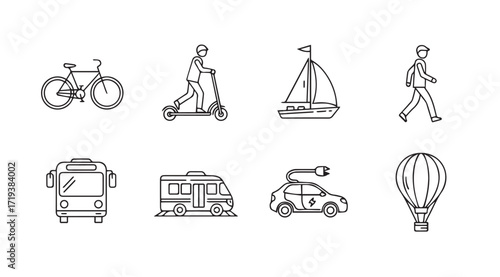 Collection of various transportation modes and activities in a simple line art silhouette style