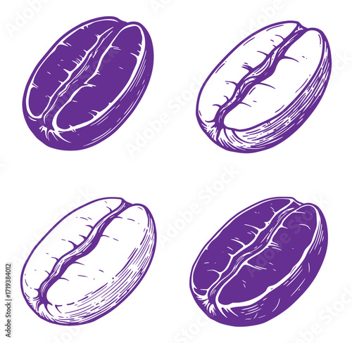 Hand drawn coffee bean illustrations in purple and white colors showcasing various vintage styles
