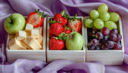 Three wooden boxes filled with fresh fruit and cheese, arranged on a purple fabric backdrop.