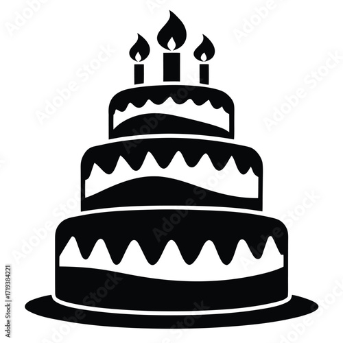 Silhouette shows a three tiered cake featuring lit candles on top of each layer