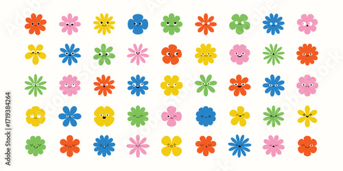 Fun set of stylized floral faces in flat cartoon style. Features silly, calm, furious, and amazed expressions. A bold, colorful mix of playful character and petal design.