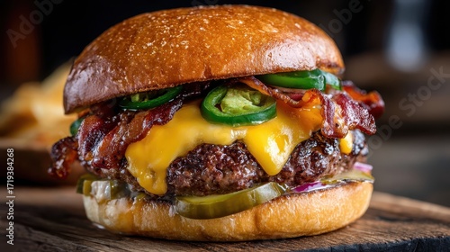Delicious Burger: a mouthwatering close-up of a burger on a wooden board, oozing with melted cheese, crisp bacon, jalapenos, fresh pickles and a toasted bun. A food lover's feast!