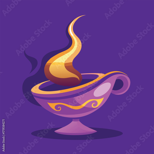 Magical purple genie lamp with golden flame illustration design magical