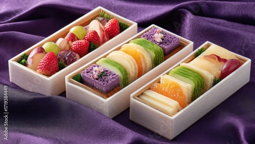 Elegant presentation of assorted fresh fruit slices and desserts in three white wooden boxes arranged on a deep purple background.