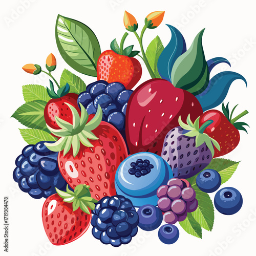 Arrangement of fresh strawberries, blackberries, blueberries, grapes and leaves creates vibrant composition