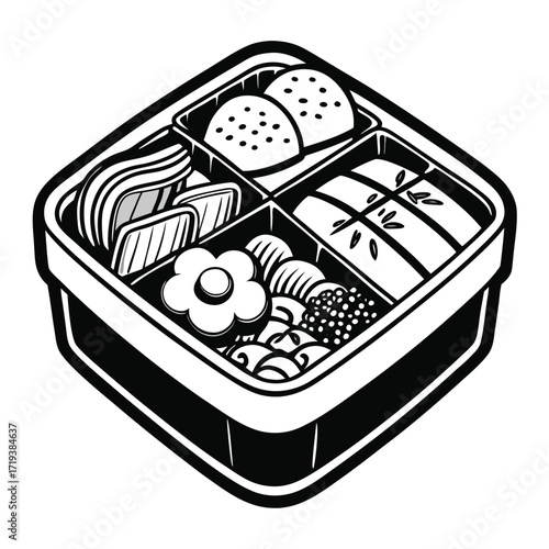 Detailed showcasing black and white stylized food in a bento box