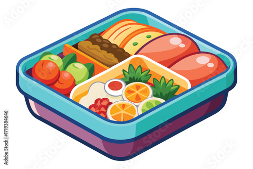 Colorful cartoon bento box reveals vibrant egg rolls, veggies, meat, fruits, and herbs
